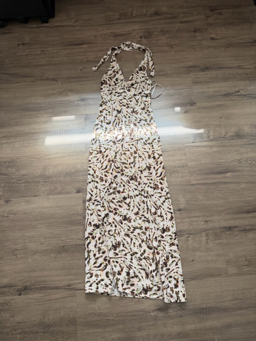 Monteau Halter Maxi Dress in Cream with Brown and Olive Print
